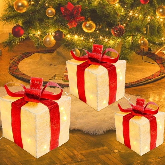 Decorative Christmas Presents Festive Light-Up Gift Boxes with Red Bows 3 Pack - Picture 1 of 5